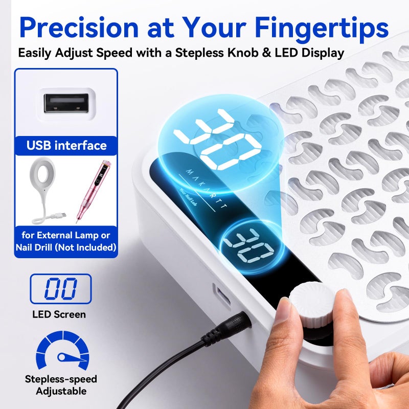 Makartt Nail Dust Collector - Professional Powerful Suction Larina Dust Collector Nail Tech LED Display, Adjustable Speed Reusable Filter, Strainer Panel for Acrylic Nail Polishing Manicure Salon Home - Image 5