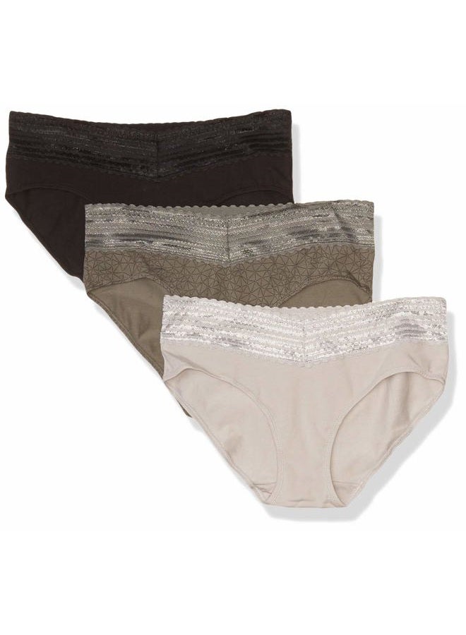 Warner's Women's Blissful Benefits No Muffin Top Cotton Stretch Lace Hipster Panties Multipack, STONE CRYSTAL WEB/PLATINUM/BLACK, 2XL - Image 1