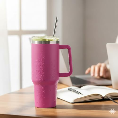 KRySt Stainless Steel Insulated Tumbler with Handle and Steel Straw | 1200ml Reusable Double Wall Vacuum Travel Mug | Hot & Cold Beverage Cup for Office, Home, and Outdoor Use (Dark Pink) - Image 4