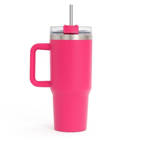 KRySt Stainless Steel Insulated Tumbler with Handle and Steel Straw | 1200ml Reusable Double Wall Vacuum Travel Mug | Hot & Cold Beverage Cup for Office, Home, and Outdoor Use (Dark Pink) - Image 1