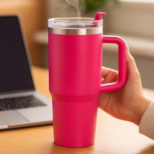 KRySt Stainless Steel Insulated Tumbler with Handle and Steel Straw | 1200ml Reusable Double Wall Vacuum Travel Mug | Hot & Cold Beverage Cup for Office, Home, and Outdoor Use (Dark Pink) - Image 2