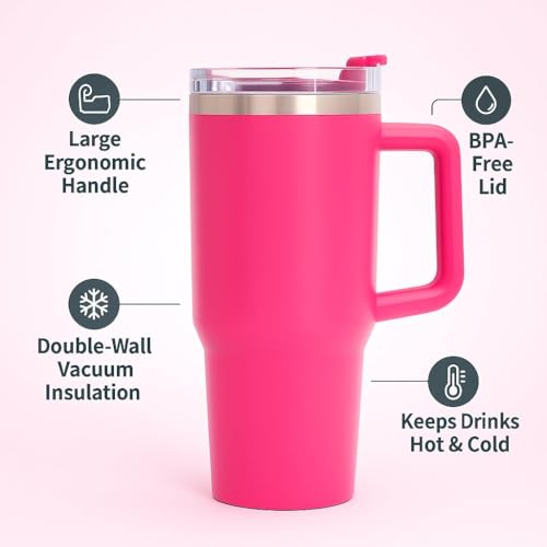 KRySt Stainless Steel Insulated Tumbler with Handle and Steel Straw | 1200ml Reusable Double Wall Vacuum Travel Mug | Hot & Cold Beverage Cup for Office, Home, and Outdoor Use (Dark Pink) - Image 3