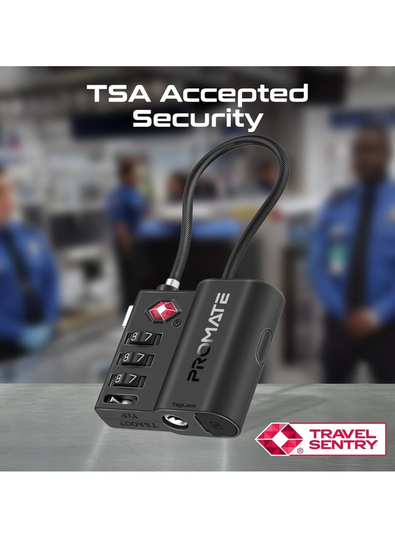 Promate Smart Luggage Lock with Left-Behind Alerts, Loud Alarm, Global Tracking Compatibility, Durable Cut-Resistant Steel Shackle, Rechargeable Battery, and Tag Light Indicator for Maximum Security and Convenience - TagLock Black Black - Image 3