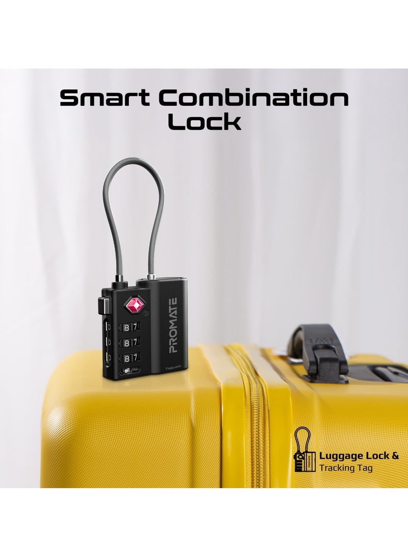 Promate Smart Luggage Lock with Left-Behind Alerts, Loud Alarm, Global Tracking Compatibility, Durable Cut-Resistant Steel Shackle, Rechargeable Battery, and Tag Light Indicator for Maximum Security and Convenience - TagLock Black Black - Image 2