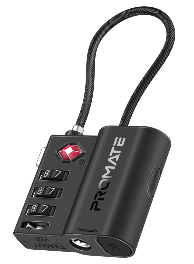 Promate Smart Luggage Lock with Left-Behind Alerts, Loud Alarm, Global Tracking Compatibility, Durable Cut-Resistant Steel Shackle, Rechargeable Battery, and Tag Light Indicator for Maximum Security and Convenience - TagLock Black Black - Image 1