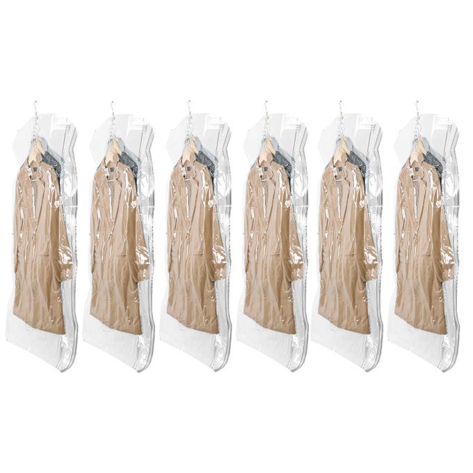HANGING VACUUM SEALER STORAGE SPACE SAVER BAGS FOR CLOTHING SUITS AND JACKETS CLOSET ORGANIZERS 6 PACK JUMBO CLEAR