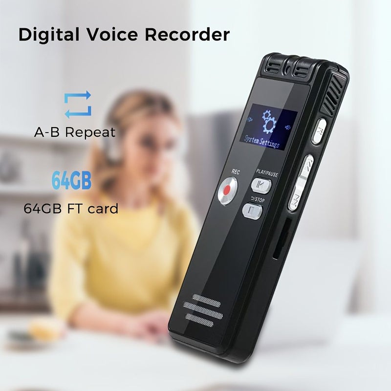 مسجل صوت رقمي بسعة 64 جيجابايت مع مشغل MP3 وميكروفون مزدوج - Image 1