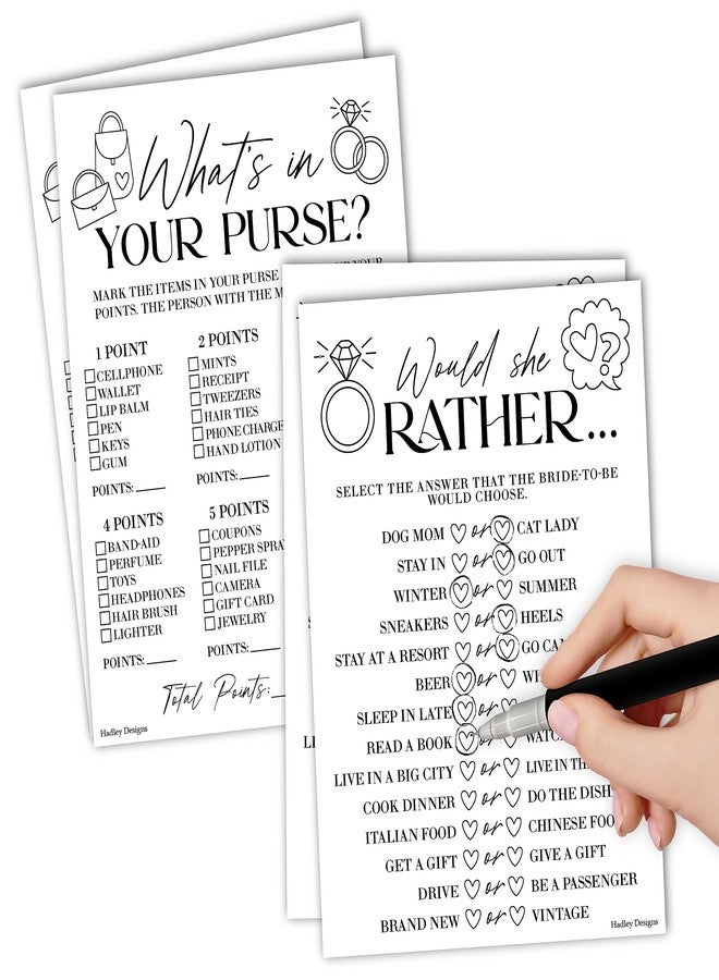 Hadley Designs 20 Minimalist Hilarious Bridal Shower Games For 20 Guests - Couples Wedding Shower Games, Would She Rather Bridal Shower Game Set, Whats In Your Purse Game Bridal Shower - Image 1