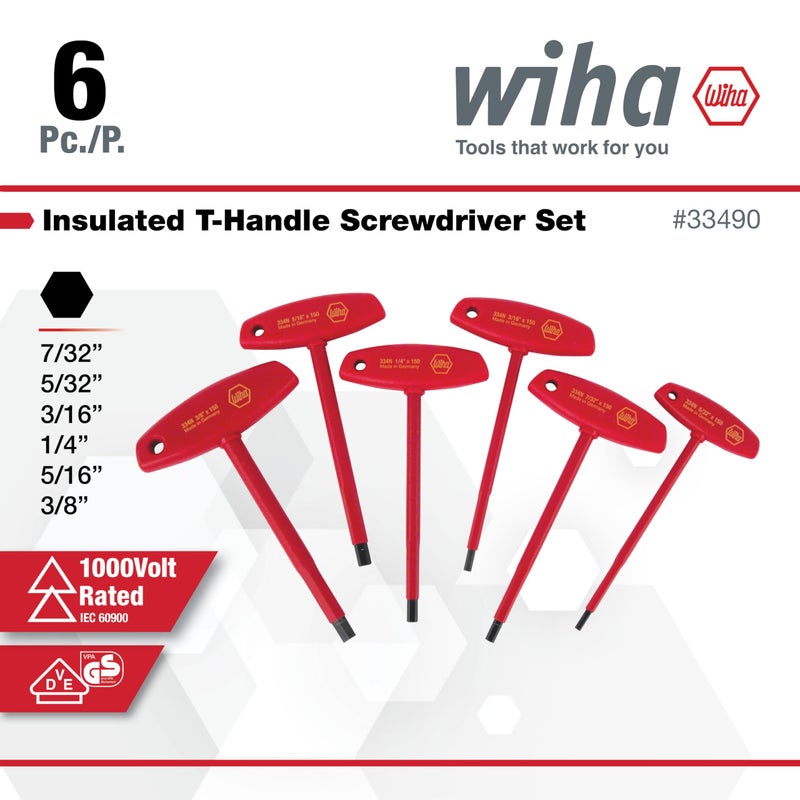 Wiha 33490 T-Handle Hex Driver Set, Inch, 1000 Volt, 6 Piece - Image 2