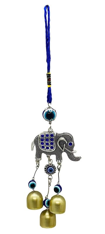 RCW Wall Hanging Showpiece Evil Eye for Home Decoration Elephant with 3 Bell Evil Eye for Good Luck Ornament Amulet for Car Home and Office for Protection and Blessing - Image 1