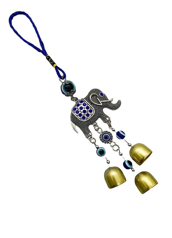 RCW Wall Hanging Showpiece Evil Eye for Home Decoration Elephant with 3 Bell Evil Eye for Good Luck Ornament Amulet for Car Home and Office for Protection and Blessing - Image 3