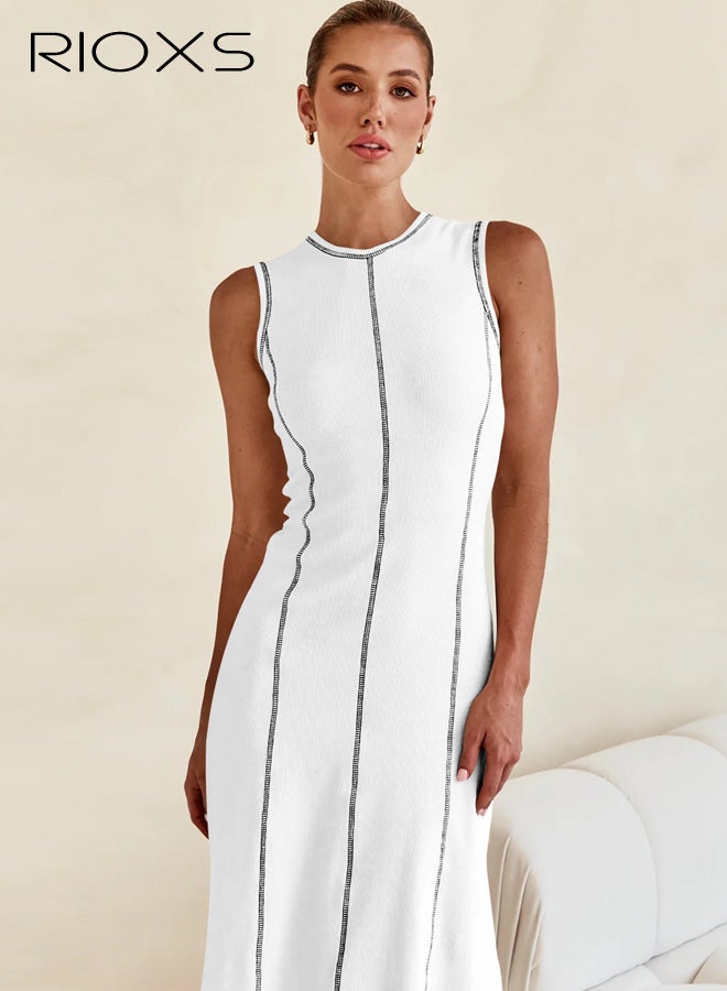 ريوكس فستان ماكسي نسائي بدون أكمام وياقة مستديرة من نسيج محبوك، فستان طويل ضيق بخياطة متباينة للسيدات، فستان تي شيرت صيفي غير رسمي قابل للتنفس، فستان ماكسي بدون أكمام، مناسب للشاطئ والعطلات والحفلات والمواعيد والتسوق والمكتب والمزيد، أبيض - Image 5