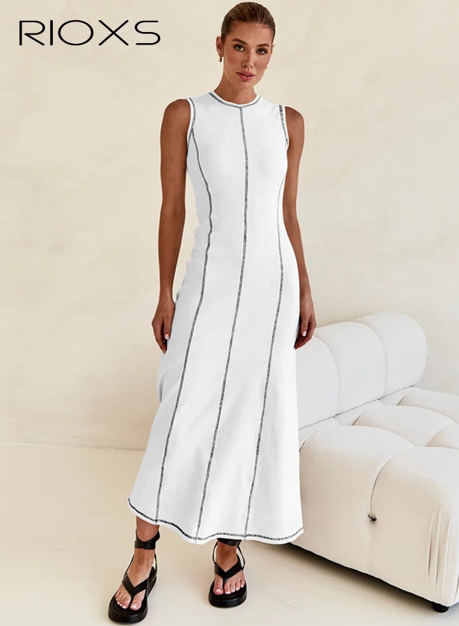 ريوكس فستان ماكسي نسائي بدون أكمام وياقة مستديرة من نسيج محبوك، فستان طويل ضيق بخياطة متباينة للسيدات، فستان تي شيرت صيفي غير رسمي قابل للتنفس، فستان ماكسي بدون أكمام، مناسب للشاطئ والعطلات والحفلات والمواعيد والتسوق والمكتب والمزيد، أبيض - Image 1