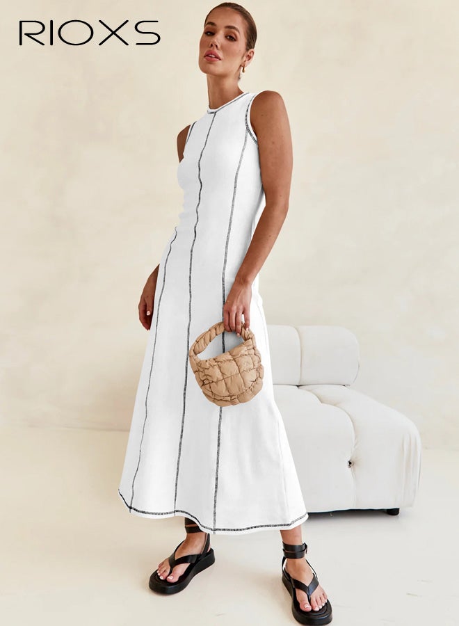 ريوكس فستان ماكسي نسائي بدون أكمام وياقة مستديرة من نسيج محبوك، فستان طويل ضيق بخياطة متباينة للسيدات، فستان تي شيرت صيفي غير رسمي قابل للتنفس، فستان ماكسي بدون أكمام، مناسب للشاطئ والعطلات والحفلات والمواعيد والتسوق والمكتب والمزيد، أبيض - Image 3