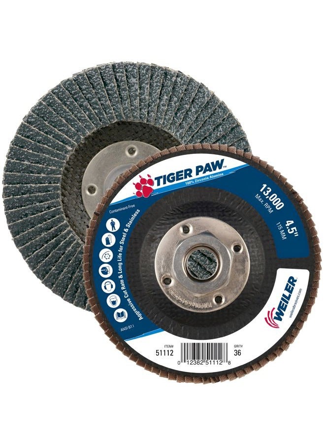 WEILER Tiger Paw Coated Abrasive Flap Discs, 11cm , 36 Grit, 5/8 Arbour, Phenolic Back - Image 1