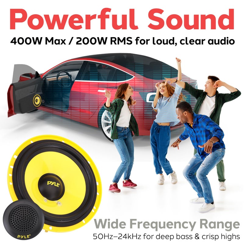 Pyle 2 Way Custom Component Speaker System - 6.5â€ 400 Watt, with Electroplated Plastic Basket, Butyl Rubber Surround & 40 Oz Magnet Structure - Wire Installation Hardware Set Included - PLG6C, Yellow - Image 2