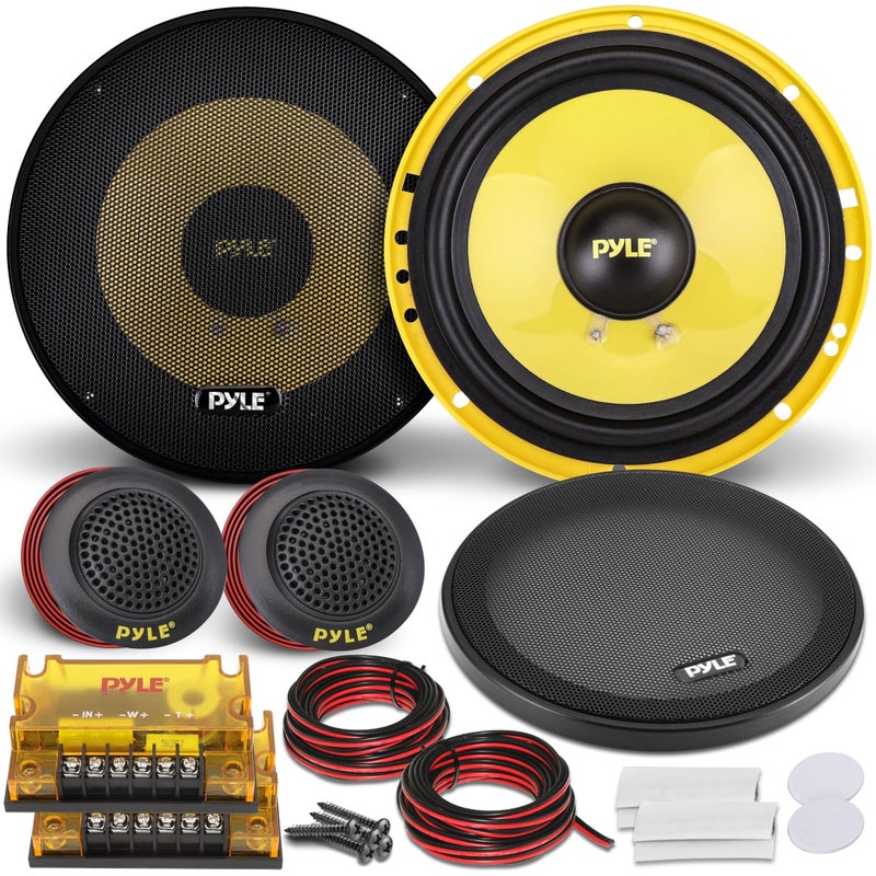 Pyle 2 Way Custom Component Speaker System - 6.5â€ 400 Watt, with Electroplated Plastic Basket, Butyl Rubber Surround & 40 Oz Magnet Structure - Wire Installation Hardware Set Included - PLG6C, Yellow - Image 1