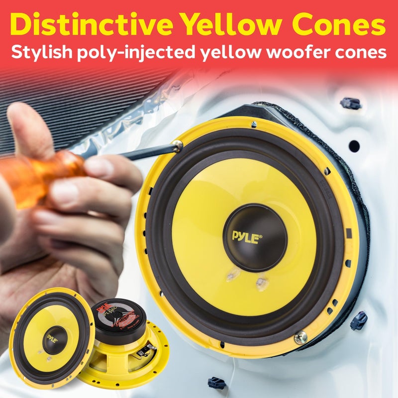 Pyle 2 Way Custom Component Speaker System - 6.5â€ 400 Watt, with Electroplated Plastic Basket, Butyl Rubber Surround & 40 Oz Magnet Structure - Wire Installation Hardware Set Included - PLG6C, Yellow - Image 5