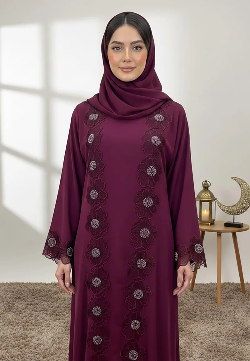 Nukhbaa  Aria Lace abaya with matching inner- Nida Fabric-2P841 for Women | Best Price UAE