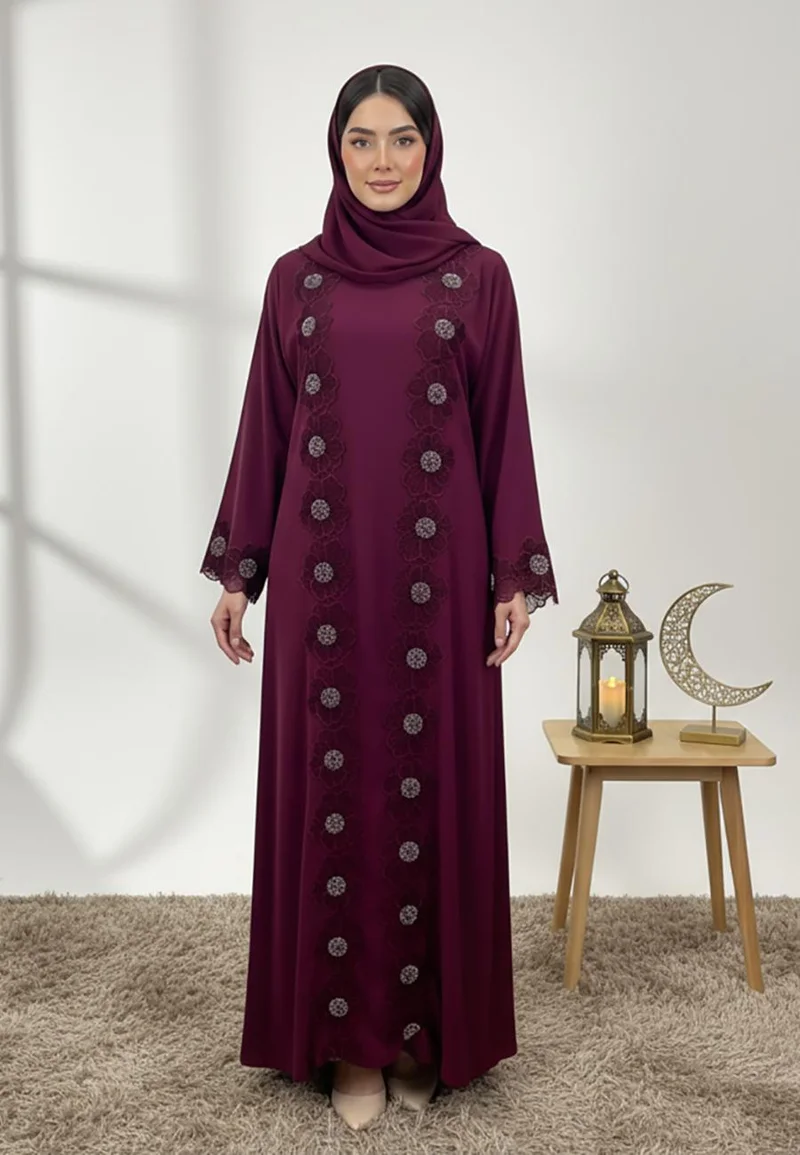 Aria Lace abaya with matching inner- Nida Fabric-2P841