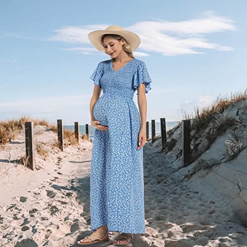 guruixu V Neck Floral Maternity Dress for Photoshoot Baby Shower, Flutter Sleeve Fall Boho Causal Smocked Pregnancy Dress Blue Plum - Image 3