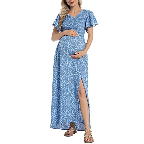 guruixu V Neck Floral Maternity Dress for Photoshoot Baby Shower, Flutter Sleeve Fall Boho Causal Smocked Pregnancy Dress Blue Plum - Image 1