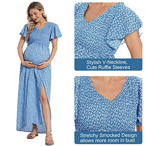 guruixu V Neck Floral Maternity Dress for Photoshoot Baby Shower, Flutter Sleeve Fall Boho Causal Smocked Pregnancy Dress Blue Plum - Image 5