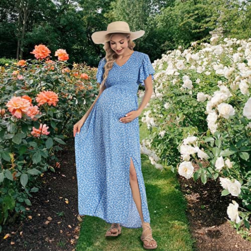 guruixu V Neck Floral Maternity Dress for Photoshoot Baby Shower, Flutter Sleeve Fall Boho Causal Smocked Pregnancy Dress Blue Plum - Image 4