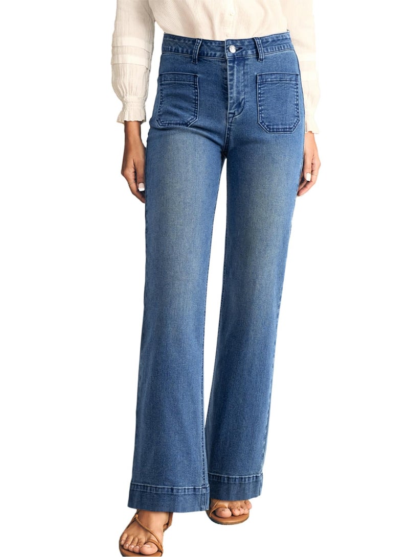 Astylish Straight Leg Jeans for Women High Waisted Wide Leg Jeans Loose Denim Pants Stretchy Buttoned Baggy with Patch Size 6 Sail Blue - Image 1