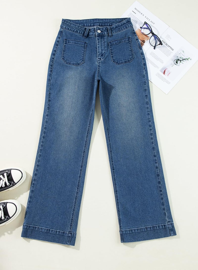 Astylish Straight Leg Jeans for Women High Waisted Wide Leg Jeans Loose Denim Pants Stretchy Buttoned Baggy with Patch Size 6 Sail Blue - Image 3