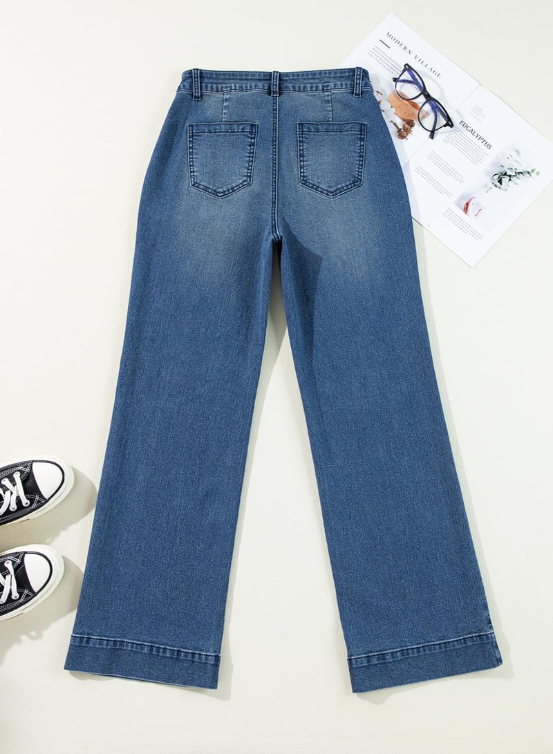 Astylish Straight Leg Jeans for Women High Waisted Wide Leg Jeans Loose Denim Pants Stretchy Buttoned Baggy with Patch Size 6 Sail Blue - Image 4