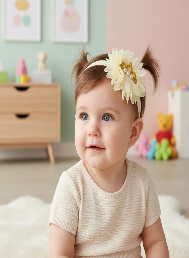 SYGA 6 Pcs Baby Headband Set for Girls–Soft Elastic Hair Bands with Flower & Pearl Crown Design, Newborn Infant Toddler Hair Accessories for 0-3 Year (Design-10) - Image 3
