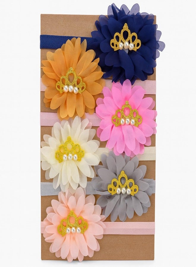 SYGA 6 Pcs Baby Headband Set for Girls–Soft Elastic Hair Bands with Flower & Pearl Crown Design, Newborn Infant Toddler Hair Accessories for 0-3 Year (Design-10) - Image 1