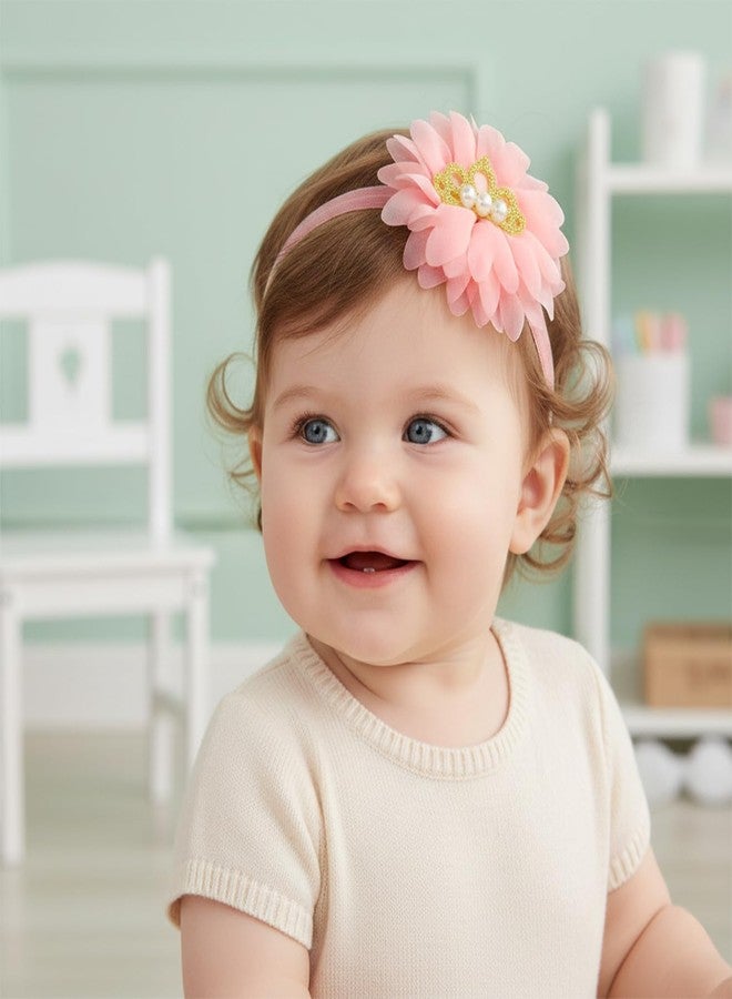 SYGA 6 Pcs Baby Headband Set for Girls–Soft Elastic Hair Bands with Flower & Pearl Crown Design, Newborn Infant Toddler Hair Accessories for 0-3 Year (Design-10) - Image 2