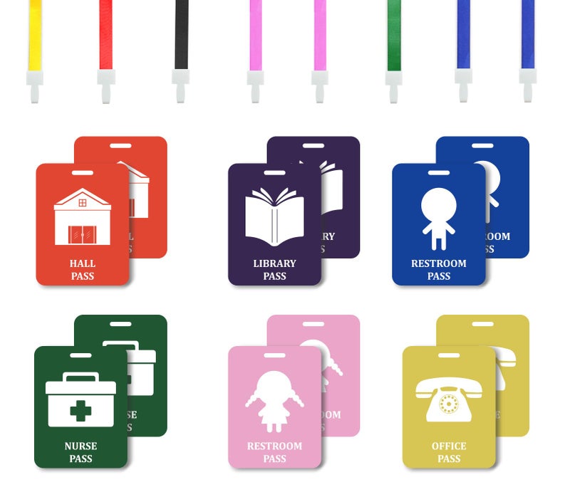 Fun-Plus 12 Pack Hall Pass Lanyards Unbreakable Plastic School Passes Set for Teachers and Classroom Supplies Including Hall Passes of Nurse, Restroom, Library, Office, School Supplies - Image 1