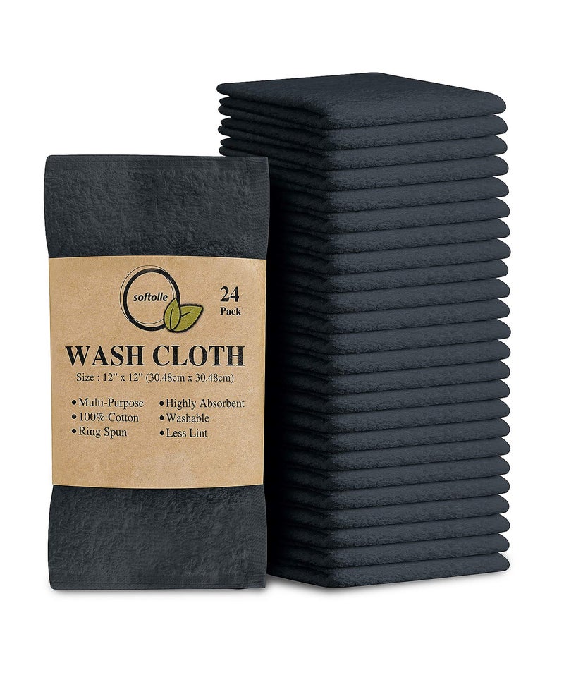 Softolle 100 Cotton Ring Spun Wash Cloths  Bulk Pack of Washcloths  12x12 Inches  Wash Cloth for Face Highly Absorbent Soft and Face Towels Grey 24 Pack
