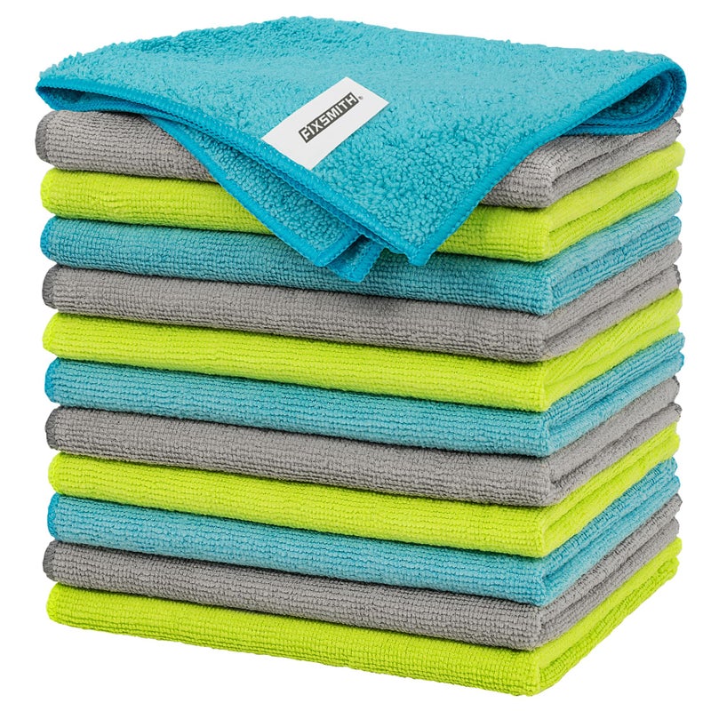 FIXSMITH Microfiber Cleaning Cloth  Pack of 12 MultiFunctional Towels Size 12 x 16 in Highly Absorbent Rags LintFree StreakFree for Car Kitchen Home Office