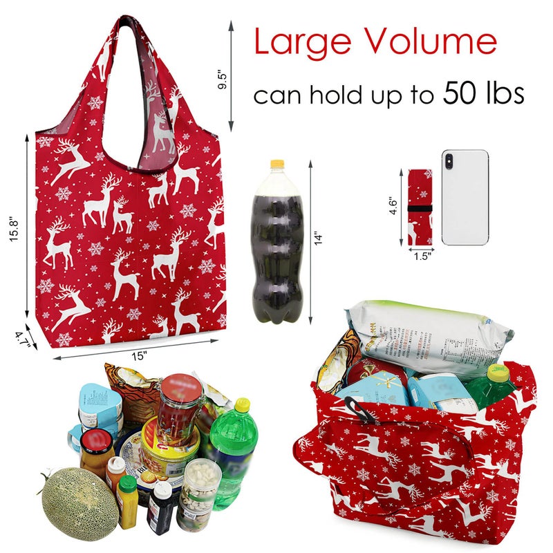 BeeGreen Christmas Reusable Grocery Bags 10 Pack Reusable Shopping Bags Bulk Christmas Gifts Tote Bags with Zipper Storage Pouch Elastic Band Foldable-Machine Washable - Image 3