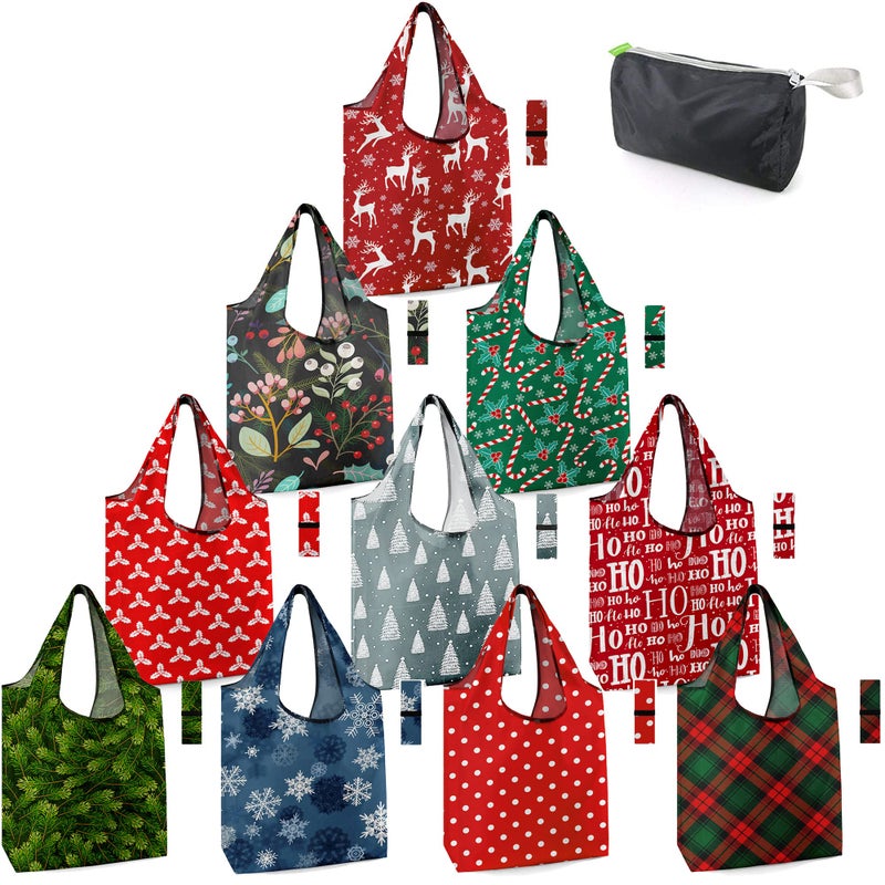 BeeGreen Christmas Reusable Grocery Bags 10 Pack Reusable Shopping Bags Bulk Christmas Gifts Tote Bags with Zipper Storage Pouch Elastic Band Foldable-Machine Washable - Image 1