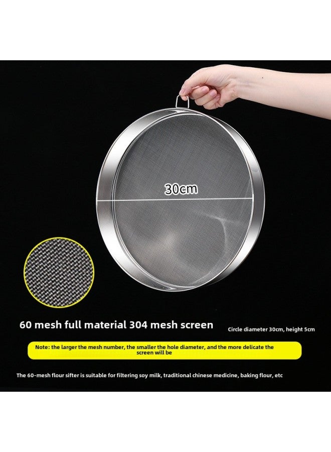 304 Stainless Steel Flour Sieve 60 Mesh Dense Hole Thickened Round Baking Tool Filter Fine Mesh 40 Mesh Sugar Powder Sieve-Specifications:30cm304.60 Mesh 304 (with Lifting Ring)  - Image 1