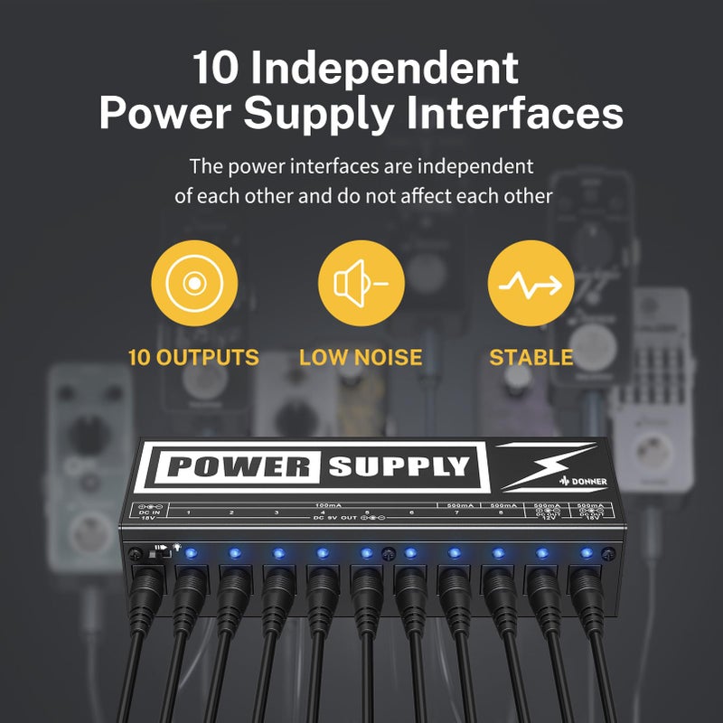 Donner DP-2 Guitar Pedal Power Supply High Current 10 Isolated DC Output for 9V/12V/18V Effect Pedals - Image 2