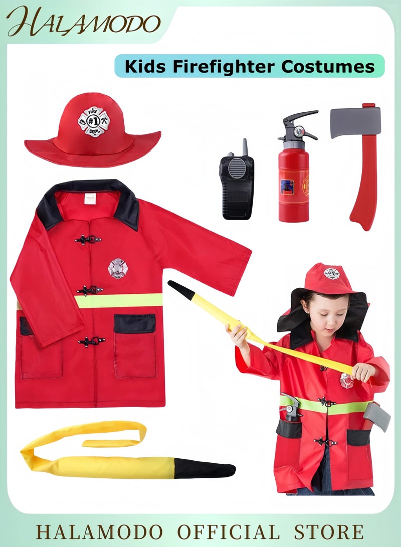 هالامودو أزياء رجال الإطفاء للأطفال مع ملحقات رجال الإطفاء الكاملة، زي رجل الإطفاء الصغير، زي رئيس الإطفاء المتظاهر، زي لعب الأدوار في الهالوين، بدلة عمل، هدية حفلات عيد الميلاد للأطفال من سن 3 4 5 6 7 سنوات - Image 1
