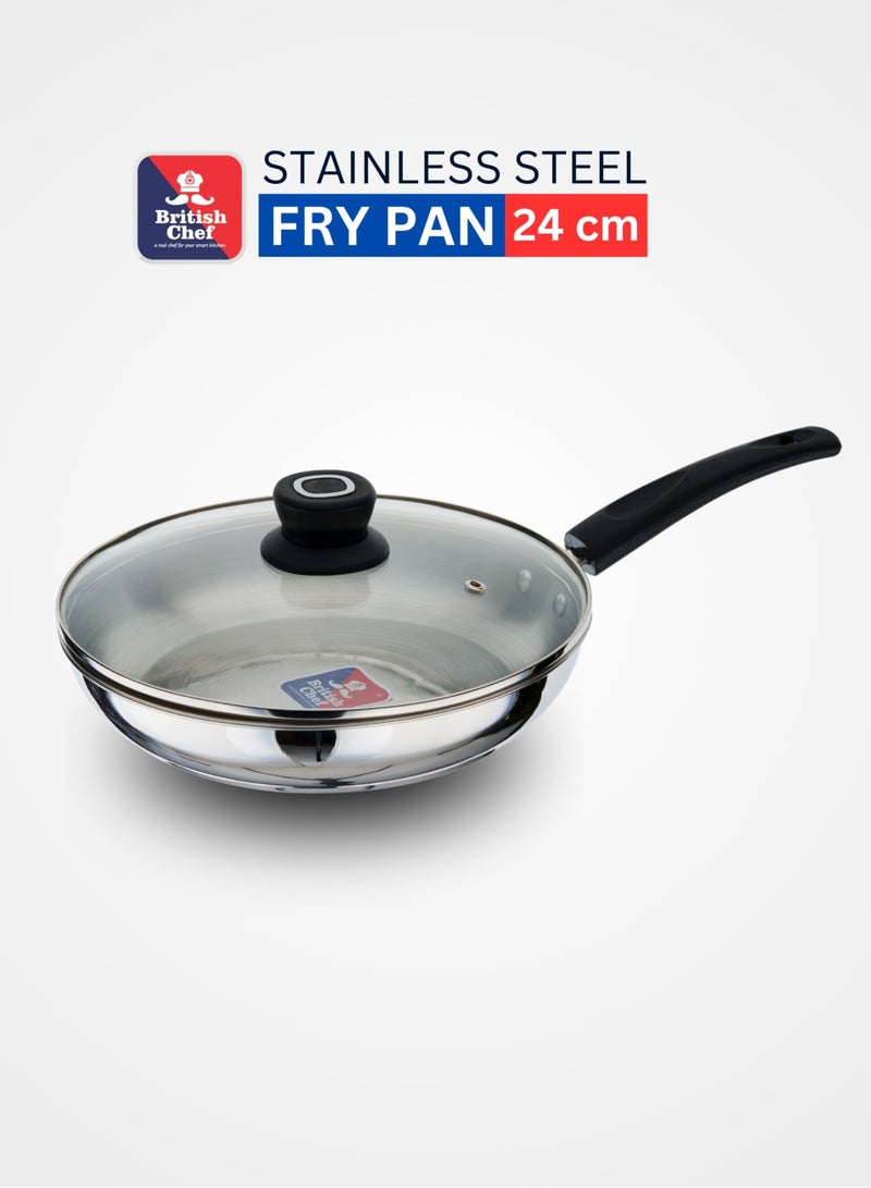 British Chef Stainless Steel Frying Pan with Glass Lid | 24cm Non-Stick Skillet | Induction & Gas Stove Compatible | Heat-Resistant Handle | Scratch-Resistant Cookware-BC183 - Image 1