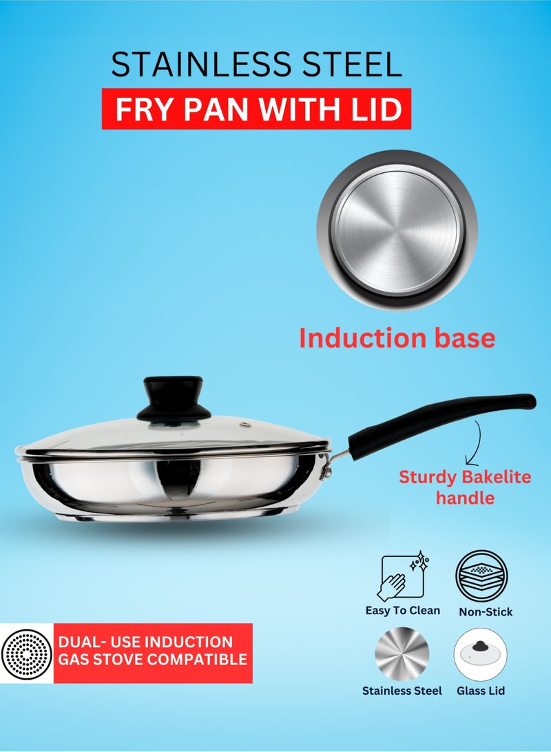 British Chef Stainless Steel Frying Pan with Glass Lid | 24cm Non-Stick Skillet | Induction & Gas Stove Compatible | Heat-Resistant Handle | Scratch-Resistant Cookware-BC183 - Image 3