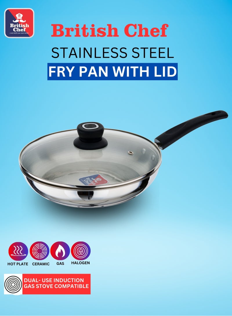 British Chef Stainless Steel Frying Pan with Glass Lid | 24cm Non-Stick Skillet | Induction & Gas Stove Compatible | Heat-Resistant Handle | Scratch-Resistant Cookware-BC183 - Image 2