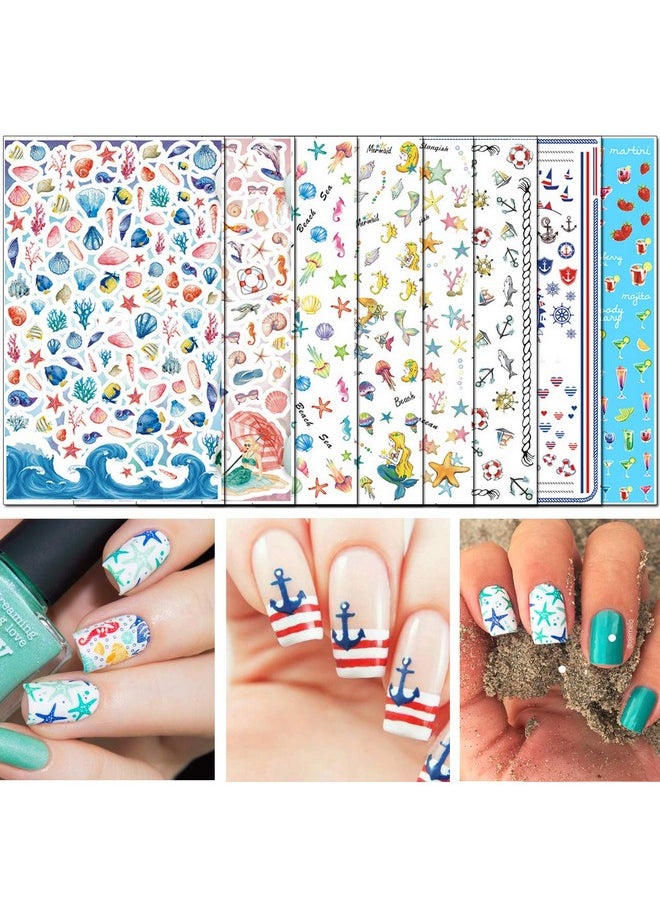 TailaiMei - Summer Beach Nail Stickers 1500+ Pcs Selfadhesive Diy Nail Art Decals Shark Nautical Turtle Design (12 Sheets) - Image 1