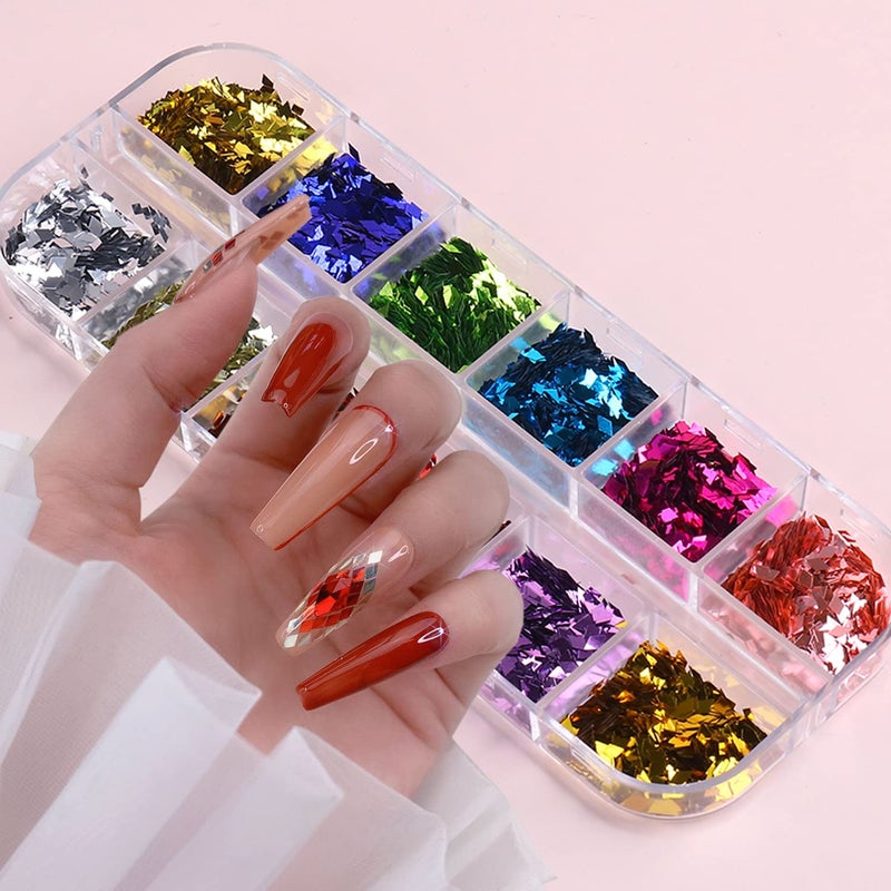 Rhombus Glitter Nail Art Sequins Holographic 3D Shiny Nail Art Flakes Acrylic Supplies 12 Colors Rhombus Nail Art Design for Women Girls Manicure Powder Charms Decorations DIY Sparkly Nail Art Tips