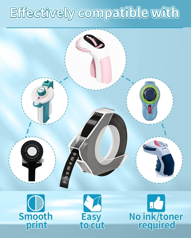 phomemo Embossing Label Tape Compatible With Dymo Embosser Label Maker Printer,3/8" 3D Plastic Labels Replacement For Dymo Organizer Xpress 12965 12966 Office Mate Ii (White On Black, 3-Roll Pack) - Image 3