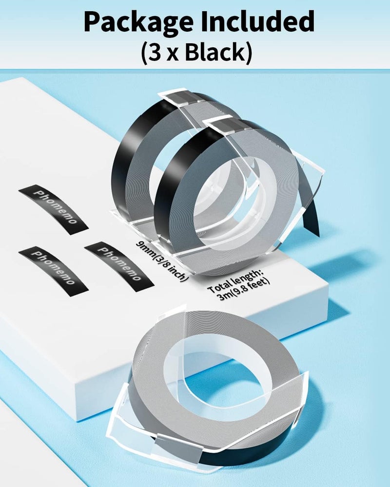 phomemo Embossing Label Tape Compatible With Dymo Embosser Label Maker Printer,3/8" 3D Plastic Labels Replacement For Dymo Organizer Xpress 12965 12966 Office Mate Ii (White On Black, 3-Roll Pack) - Image 2