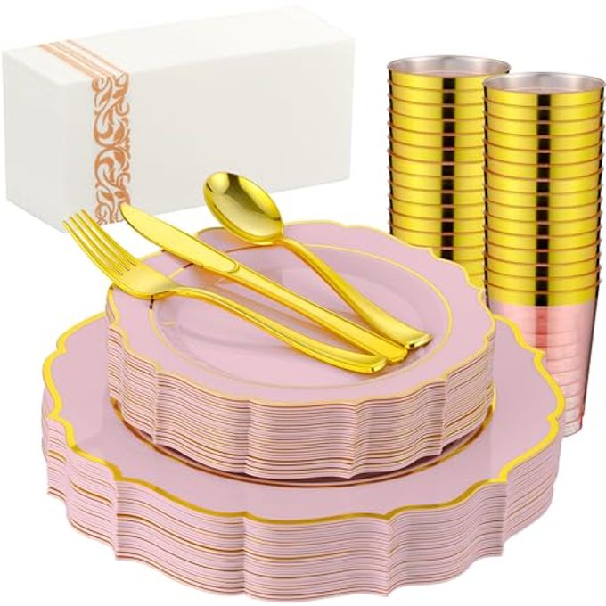ISFANGCO 175 PCS Pink Plastic Plates for 25 Guests, Pink and Gold Disposable Dinnerware Set for Party Wedding Include 25 Dinner & 25 Dessert Plates, Spoons, Forks, Knives, Cups, 25 Napkins